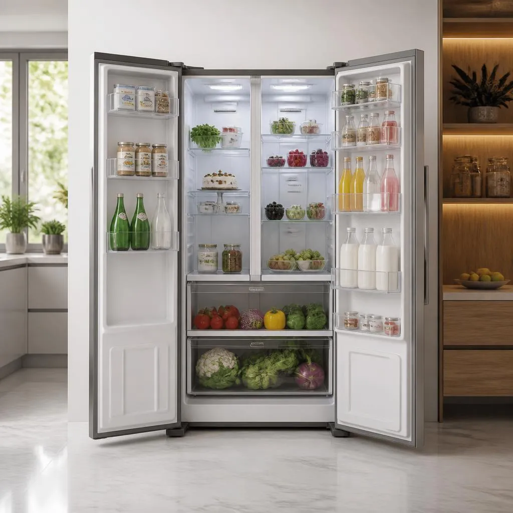 Modern double-door refrigerator stocked with fresh food in a bright Karaikudi kitchen